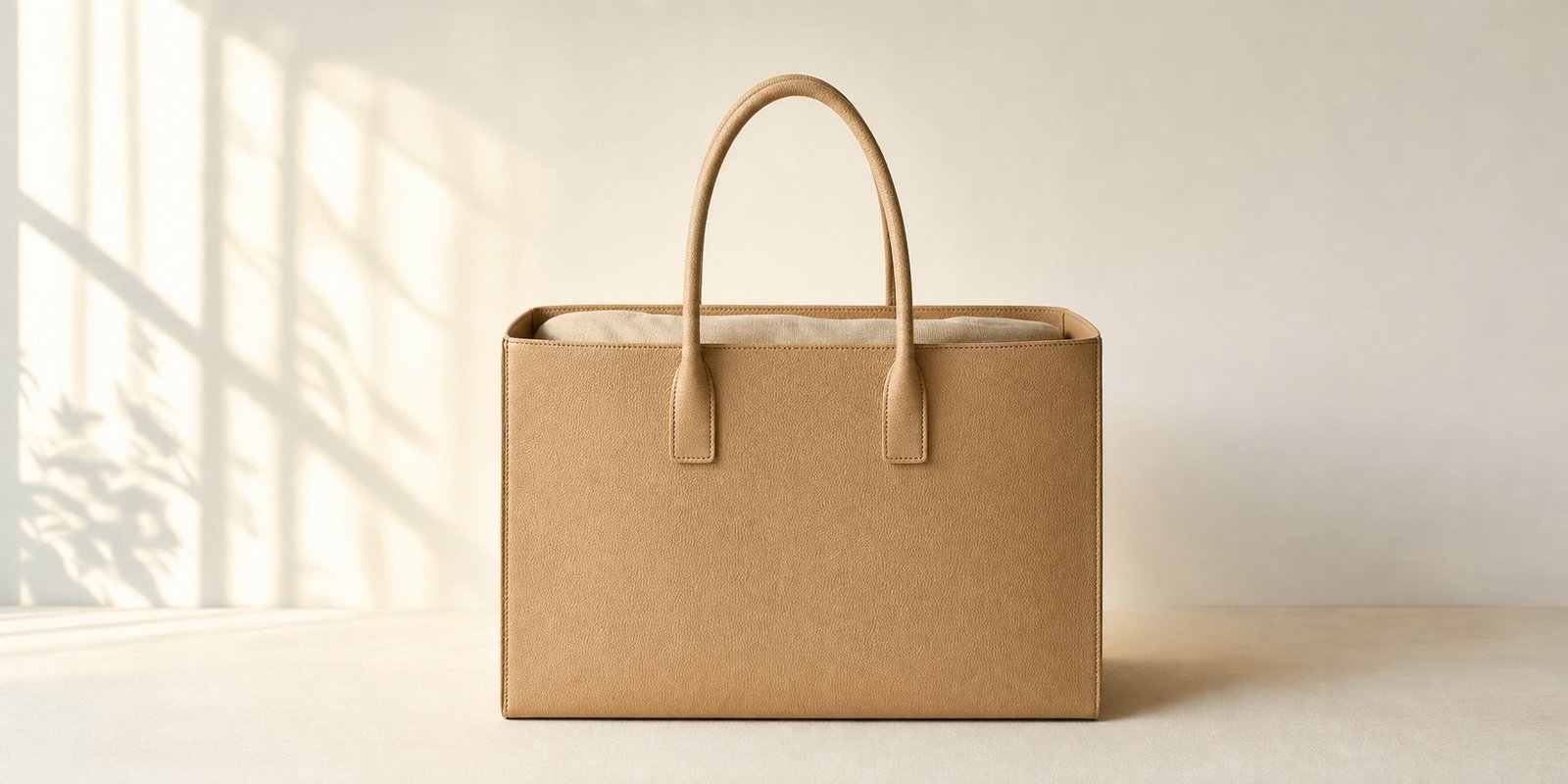 Tan structured open-top tote bag with two rolled handles on a warm cream surface